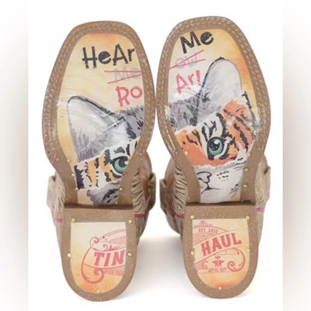 Tin Haul Kids Cowboy Boots Golden Tiger Hear Me Roar Brown Cream w Pink Accents - Picture 2 of 11
